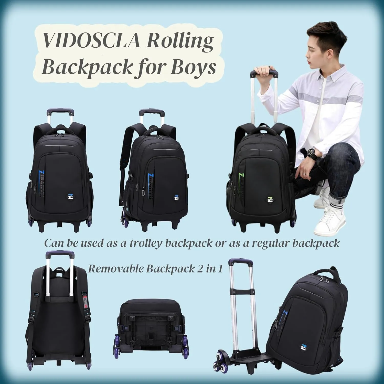 VIDOSCLA Elementary Trolley Backpack Senior High School Rolling Carry-on Luggage Book Bag with Wheels for Teens
