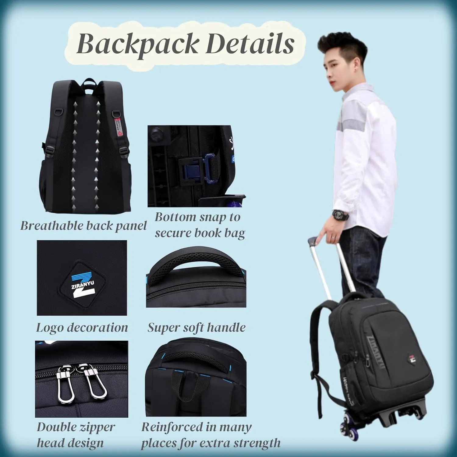 VIDOSCLA Elementary Trolley Backpack Senior High School Rolling Carry-on Luggage Book Bag with Wheels for Teens