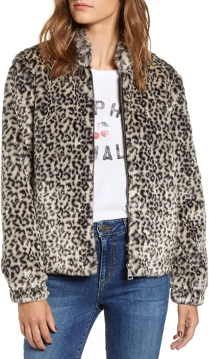 VIGOSS Womens Leopard Print Faux Fur Bomber Jacket Small Brown