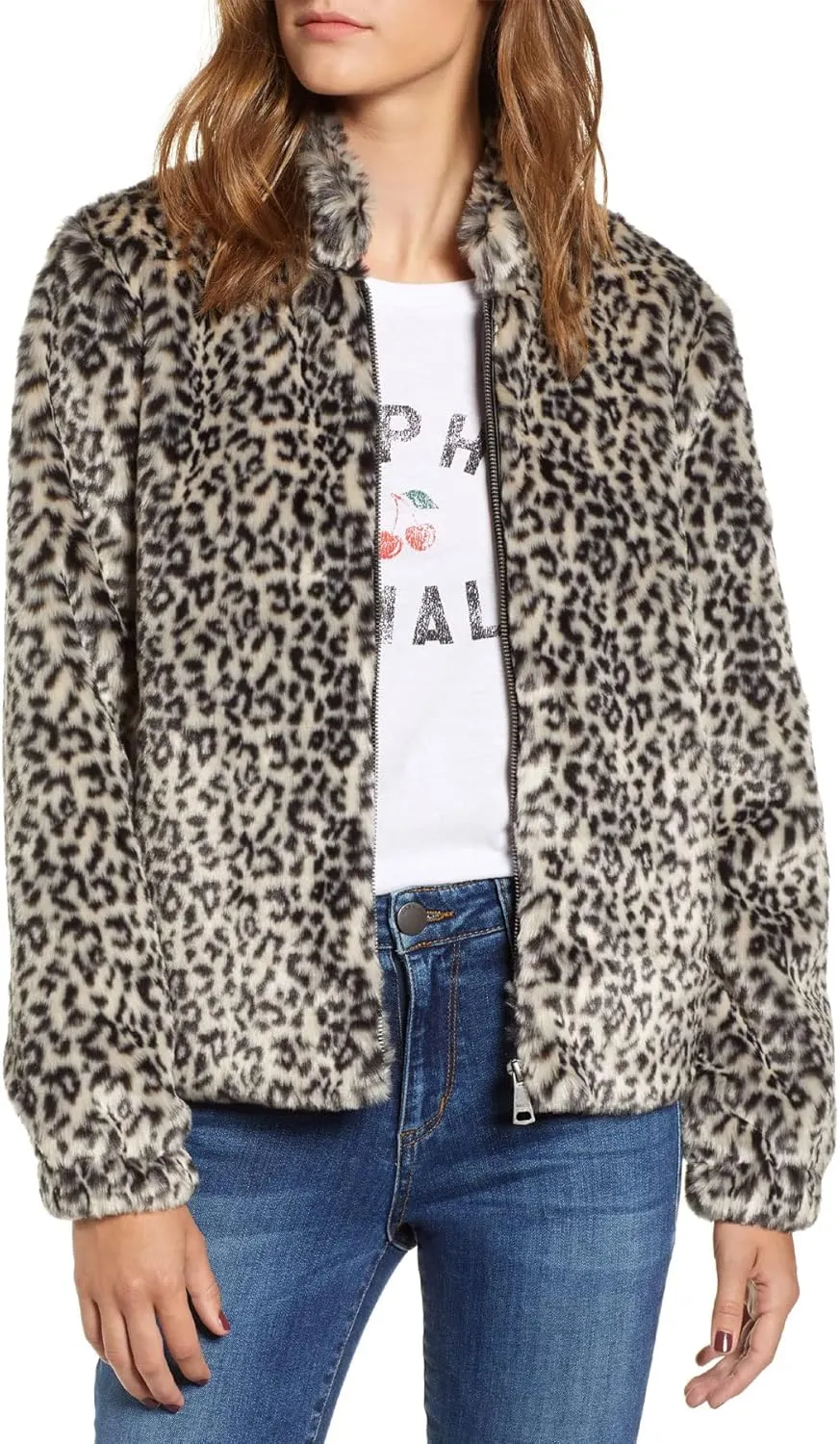 VIGOSS Womens Leopard Print Faux Fur Bomber Jacket Small Brown