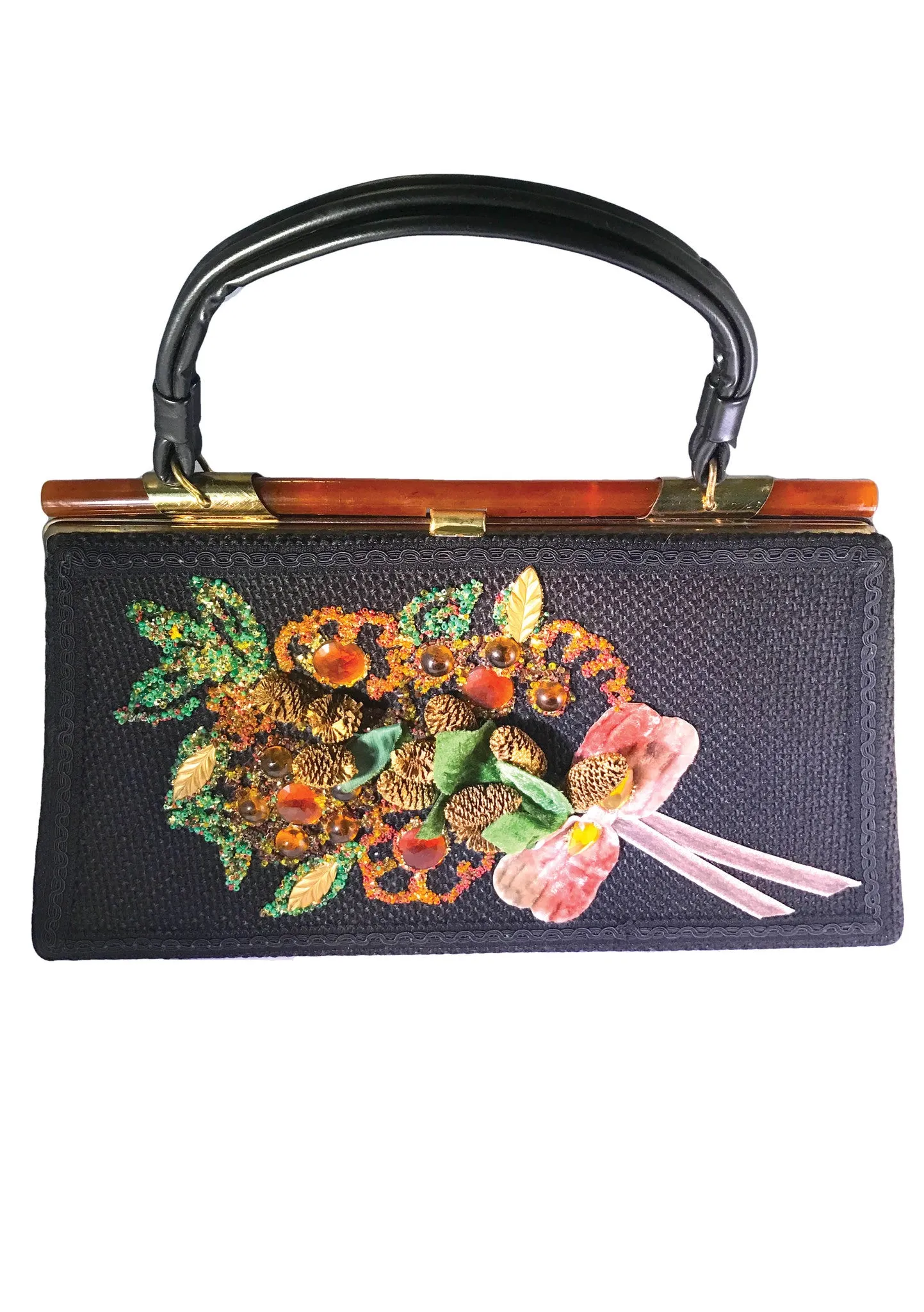 Vintage 1950s Black Wool Applique Handbag with Lucite - New!