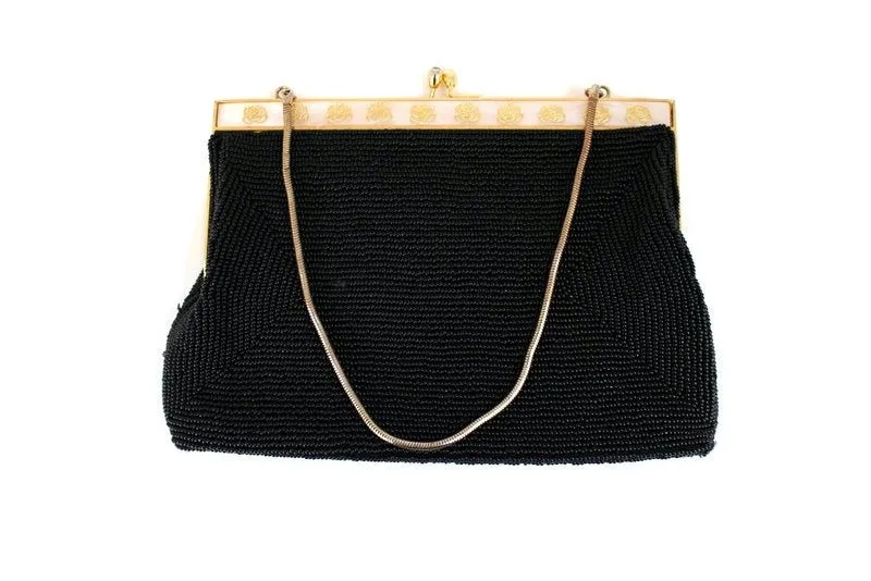 Vintage Black Beaded Evening Bag Purse