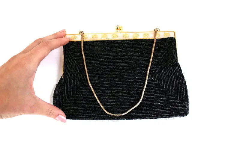Vintage Black Beaded Evening Bag Purse