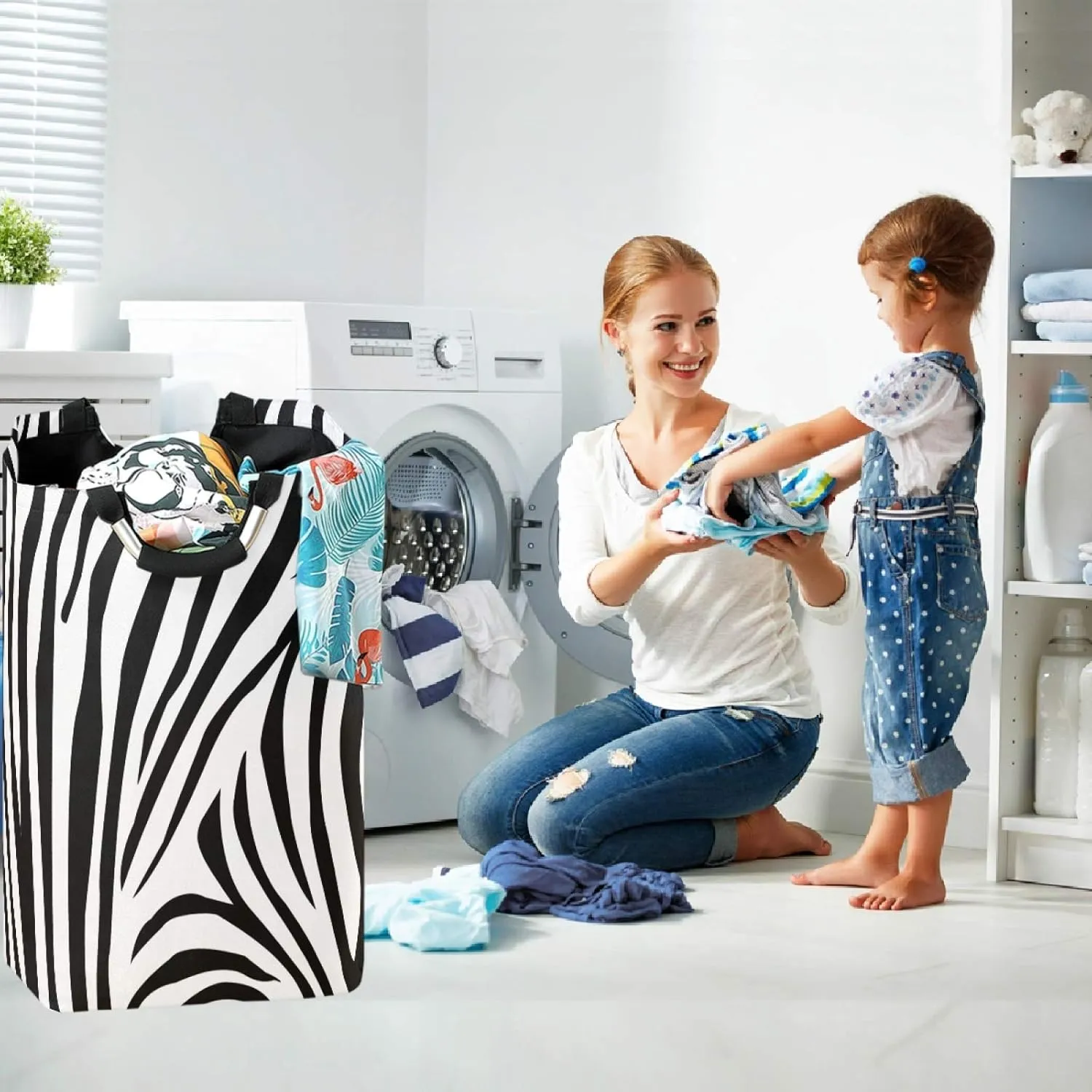 visesunny Zebra Animal Stripe Large Laundry Hamper with Handle Foldable Durable Clothes Hamper Laundry Bag Toy Bin for Bathroom, Bedroom, Dorm, Travel