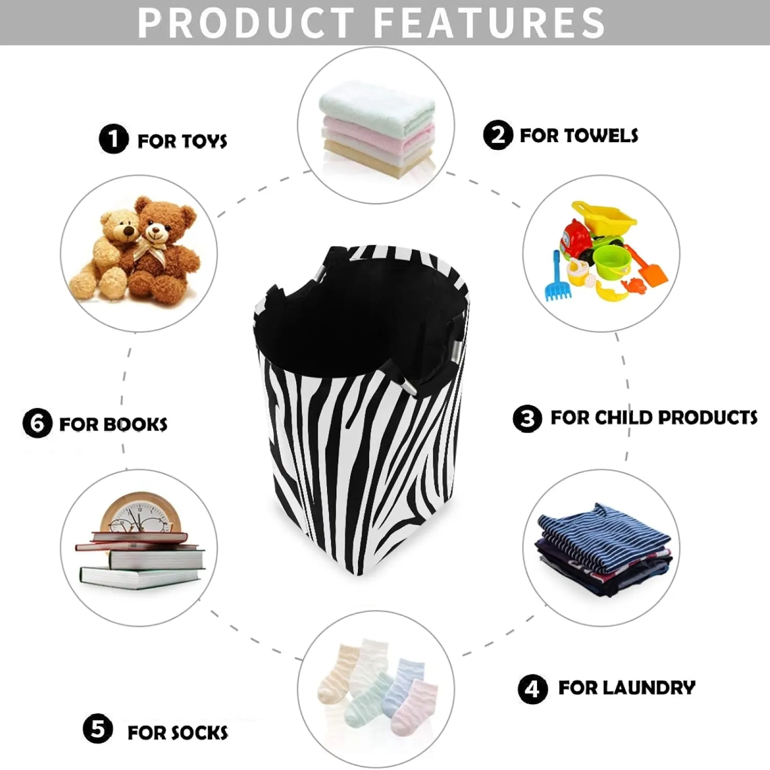 visesunny Zebra Animal Stripe Large Laundry Hamper with Handle Foldable Durable Clothes Hamper Laundry Bag Toy Bin for Bathroom, Bedroom, Dorm, Travel