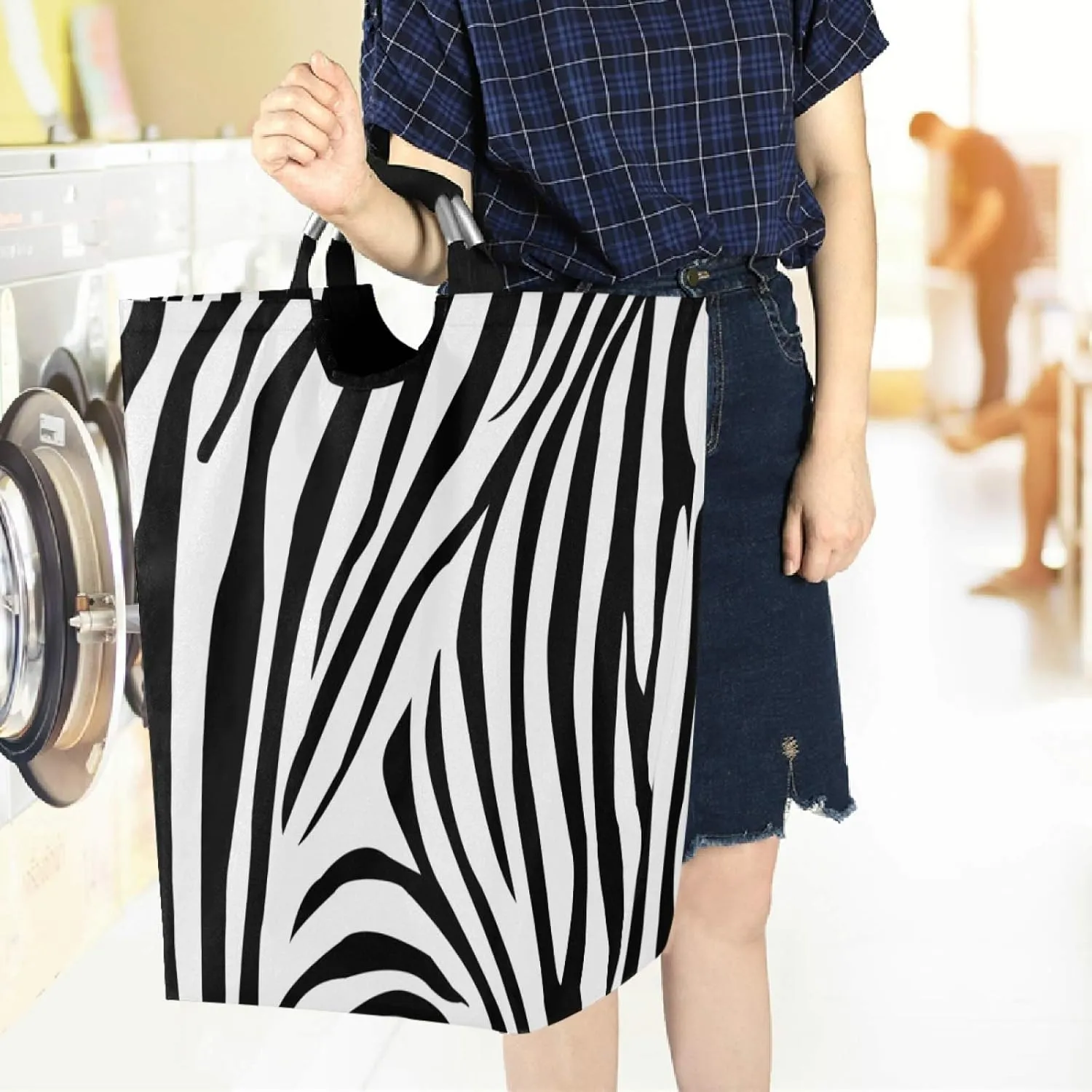visesunny Zebra Animal Stripe Large Laundry Hamper with Handle Foldable Durable Clothes Hamper Laundry Bag Toy Bin for Bathroom, Bedroom, Dorm, Travel