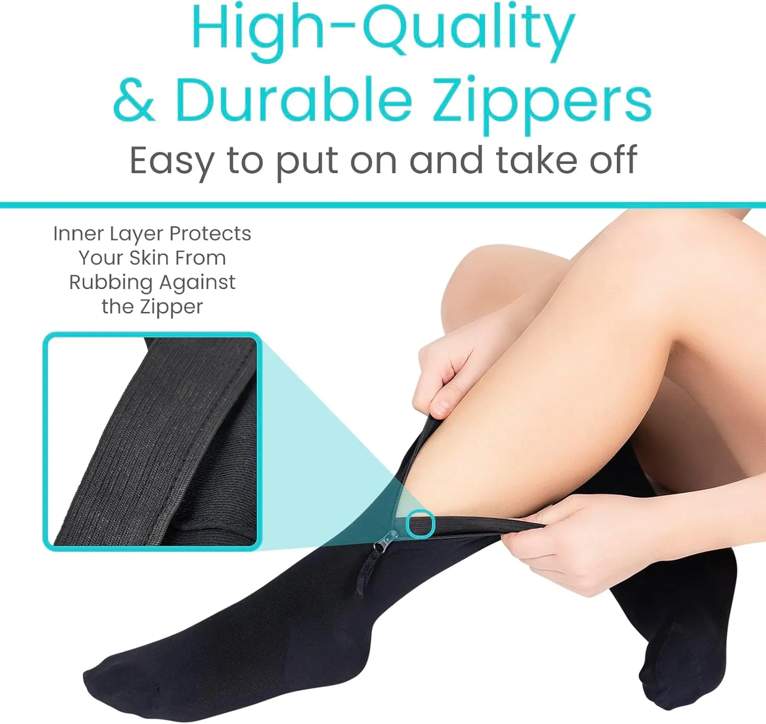 Vive Zipper Compression Socks Medical for Men & Women - 15-20 mmHg Knee High Stockings for Varicose Veins, Recovery, Edema, Post-Surgery Support - Elastic & Comfortable - Easy On for Elderly