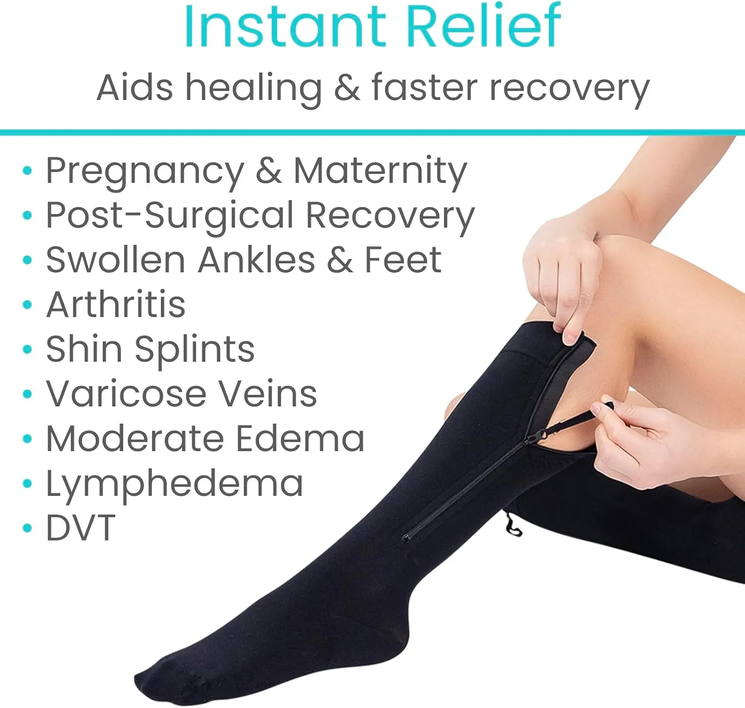 Vive Zipper Compression Socks Medical for Men & Women - 15-20 mmHg Knee High Stockings for Varicose Veins, Recovery, Edema, Post-Surgery Support - Elastic & Comfortable - Easy On for Elderly