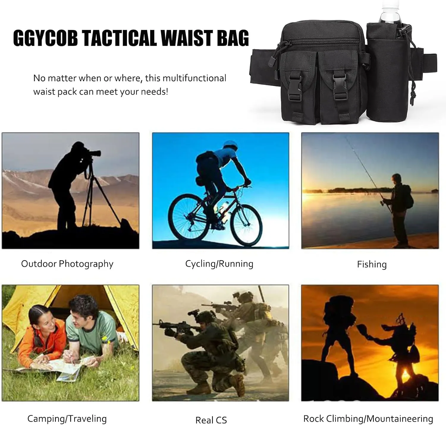 Waist Bag for Men with Detachable Water Bottle Holder Tactical Fanny Pack for Hiking Cycling Motorcycle Outdoor Sports Travel Fishing Camping Mountaineering Waterproof (black)