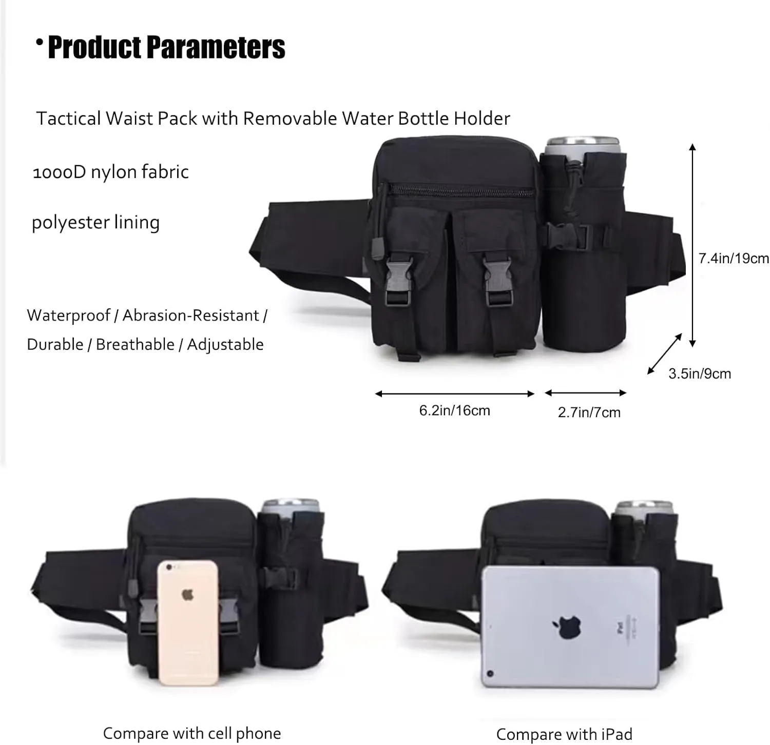 Waist Bag for Men with Detachable Water Bottle Holder Tactical Fanny Pack for Hiking Cycling Motorcycle Outdoor Sports Travel Fishing Camping Mountaineering Waterproof (black)