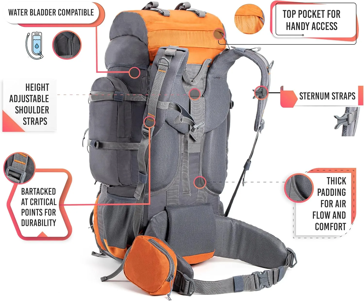 Walker 65 Litres Rucksack | Internal Frame With Metal Rod | Rain Cover | Bottom Opening | Laptop Section