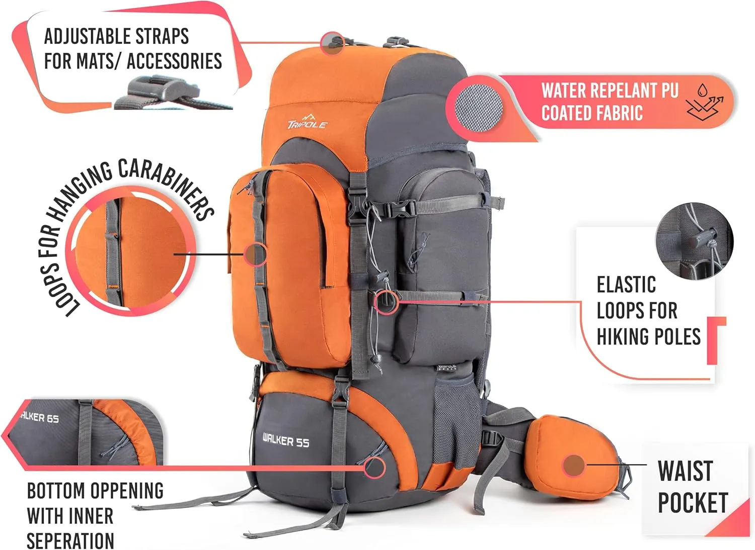 Walker 65 Litres Rucksack | Internal Frame With Metal Rod | Rain Cover | Bottom Opening | Laptop Section