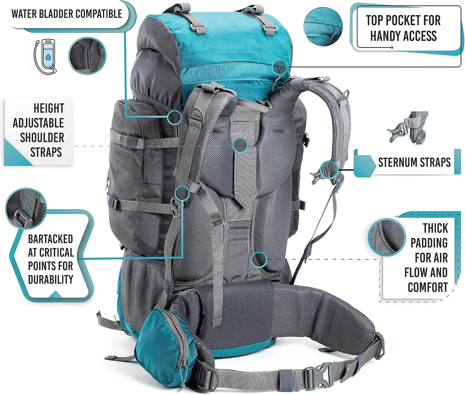 Walker 65 Litres Rucksack | Internal Frame With Metal Rod | Rain Cover | Bottom Opening | Laptop Section