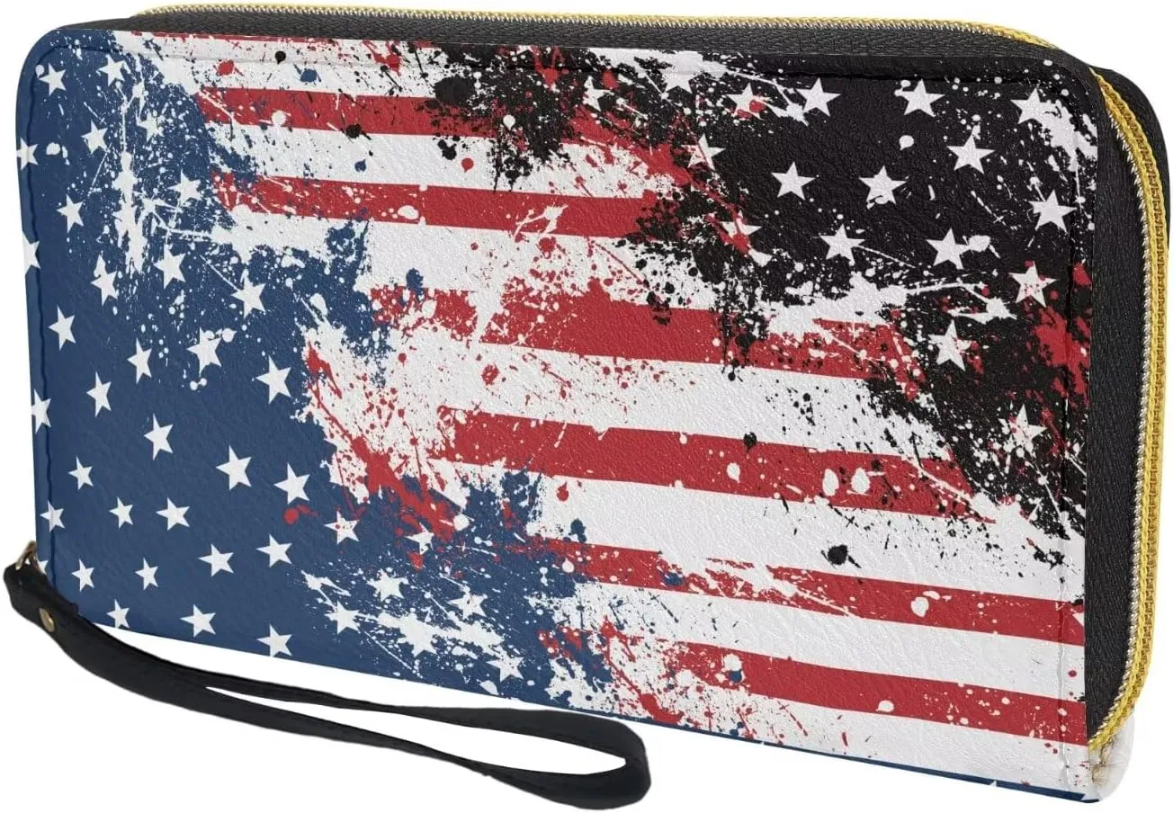 Wallet for Men Handbag Casual Travel Money Clips with Coin Picket 4 Card Slots Zip Around Clutch Print American Flag