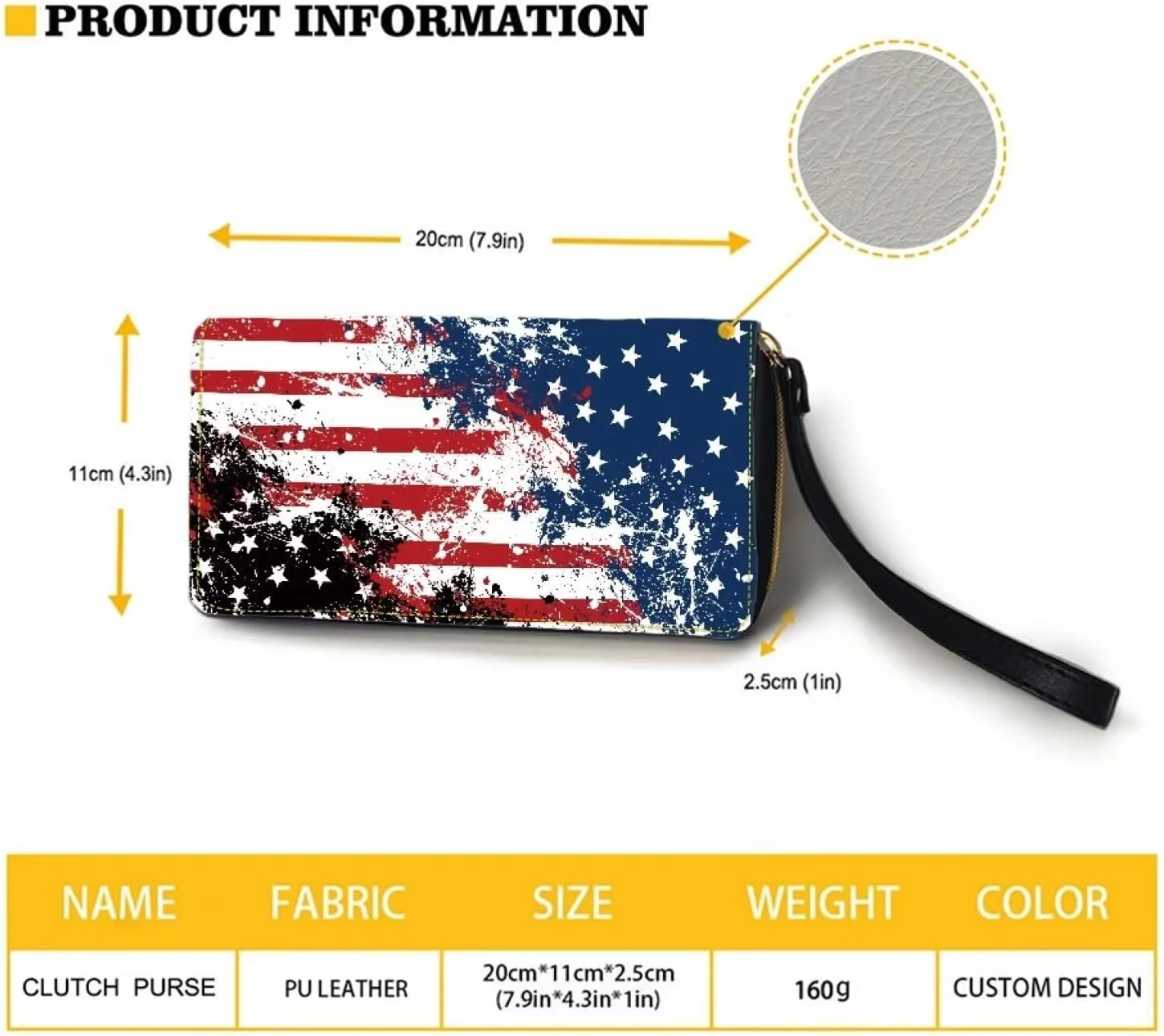 Wallet for Men Handbag Casual Travel Money Clips with Coin Picket 4 Card Slots Zip Around Clutch Print American Flag