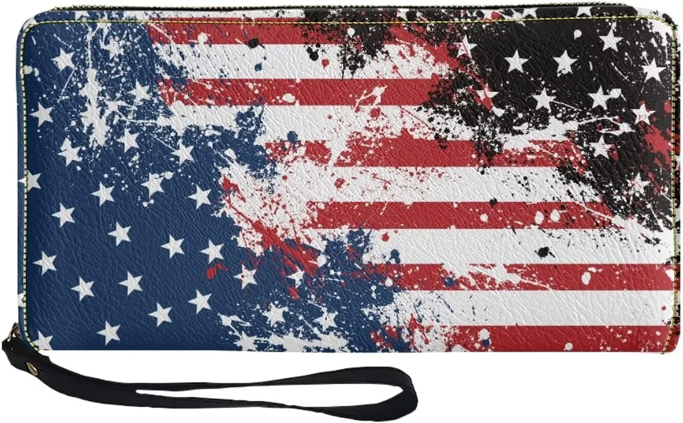 Wallet for Men Handbag Casual Travel Money Clips with Coin Picket 4 Card Slots Zip Around Clutch Print American Flag