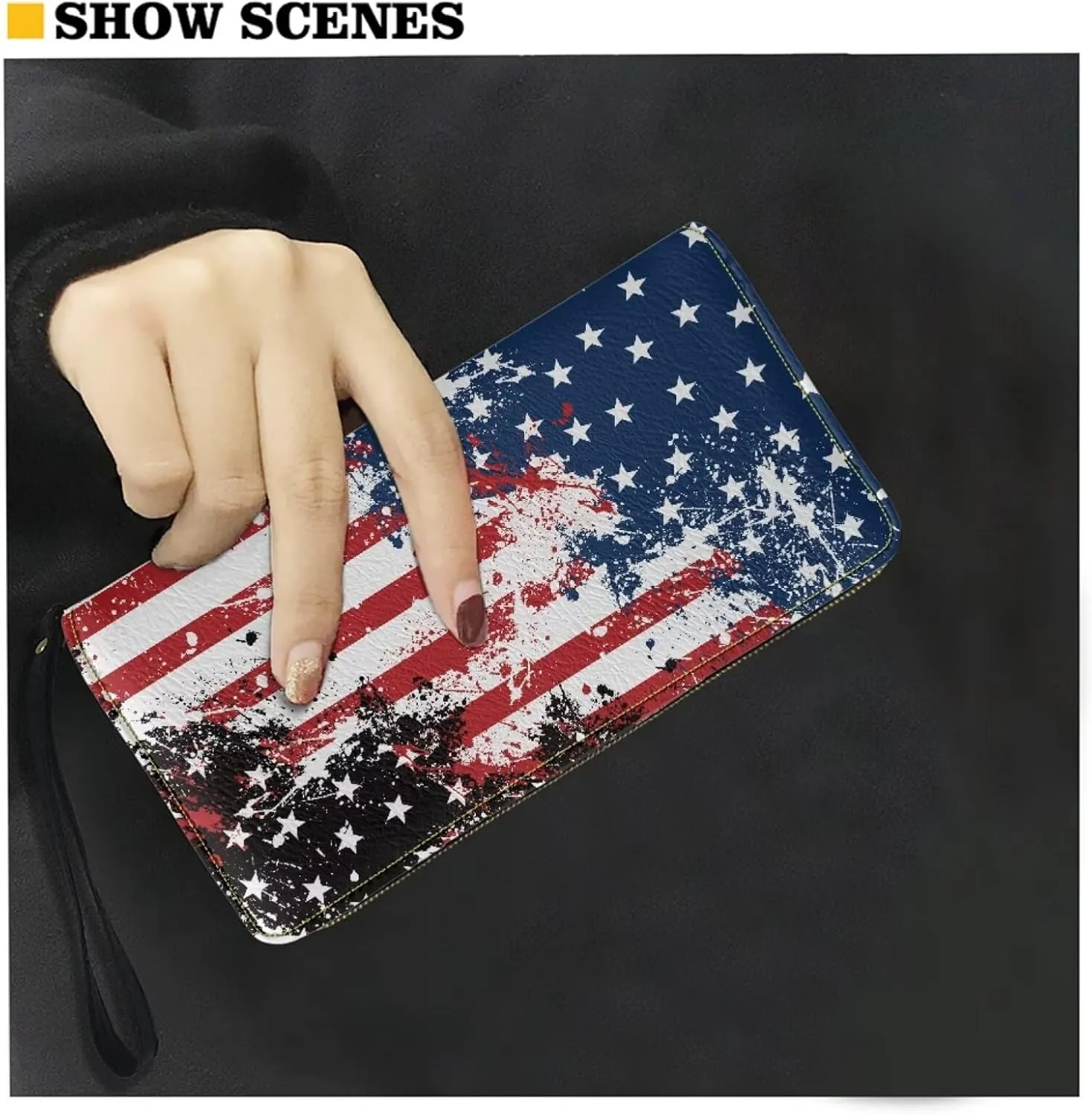Wallet for Men Handbag Casual Travel Money Clips with Coin Picket 4 Card Slots Zip Around Clutch Print American Flag