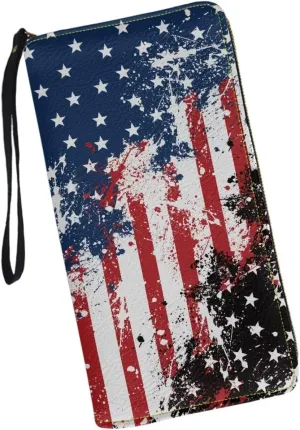 Wallet for Men Handbag Casual Travel Money Clips with Coin Picket 4 Card Slots Zip Around Clutch Print American Flag