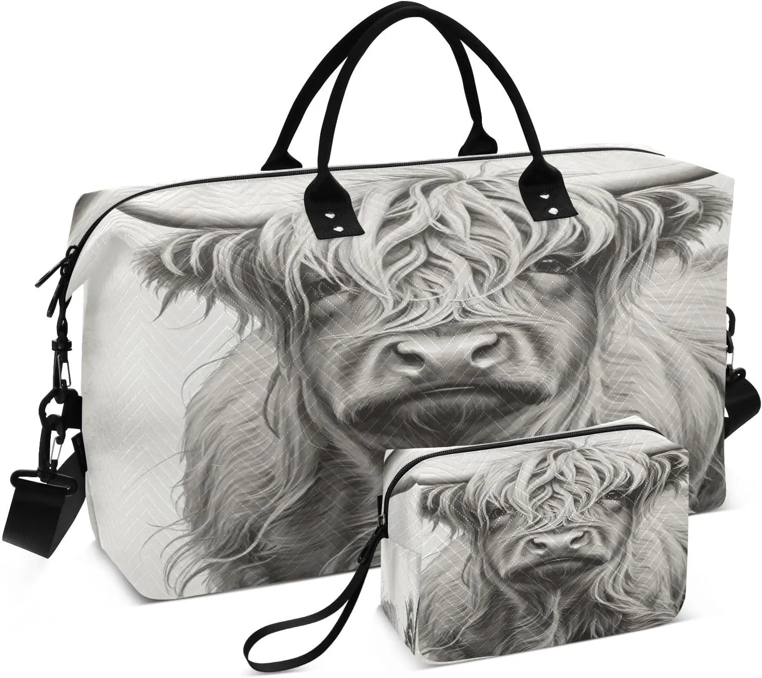 Weekender Bags for Women,Foldable Highland Cattle Cow Travel Duffel Bag with Trolley Sleeve Travel Tote Gym Bag with Toiletry Bag