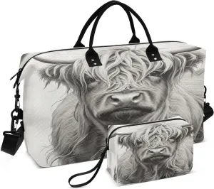 Weekender Bags for Women,Foldable Highland Cattle Cow Travel Duffel Bag with Trolley Sleeve Travel Tote Gym Bag with Toiletry Bag