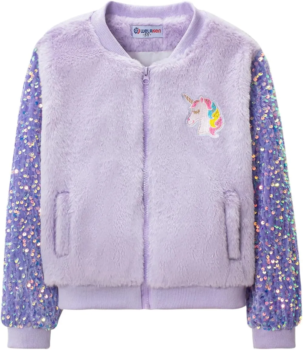 WELAKEN Girl’s Unicorn Fleece Full-zip Sequin Sleeves Jacket with Pocket for Toddler & Kids