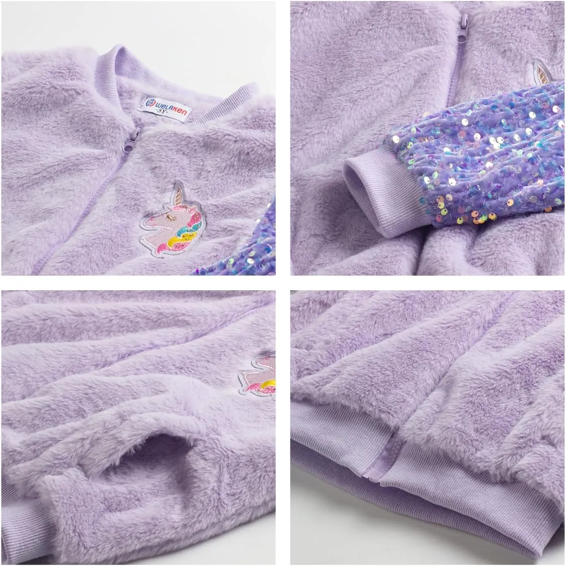 WELAKEN Girl’s Unicorn Fleece Full-zip Sequin Sleeves Jacket with Pocket for Toddler & Kids