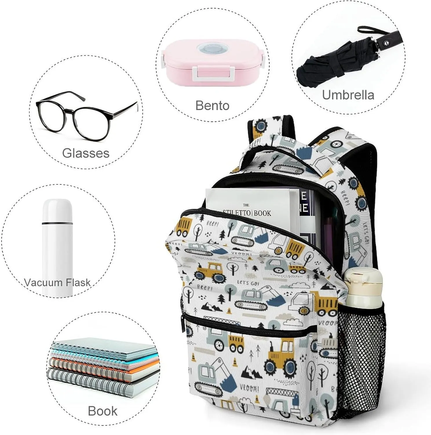 White Truck Cars Kids Backpacks for Girls Boys Teenager,BookBags Back to School Bag,Lightweight Travel Daypack Laptop Backpack,Elementary Primary Middle School Bags for Age 6-12