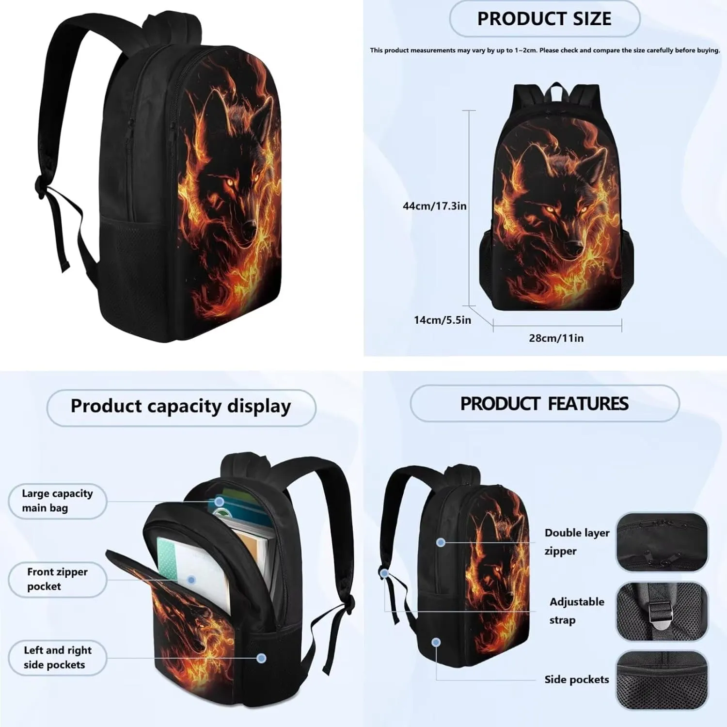 Wolf Backpack for School Boys Kids Bookbags 4-in-1 Kids School Bag with Lunch Bag for Boys Elementary School Backpacks Water Bottle Pocket Pencil Purse 17" Daypack for Cycling