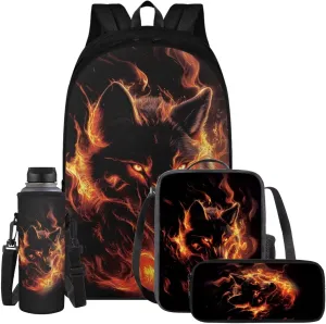 Wolf Backpack for School Boys Kids Bookbags 4-in-1 Kids School Bag with Lunch Bag for Boys Elementary School Backpacks Water Bottle Pocket Pencil Purse 17" Daypack for Cycling