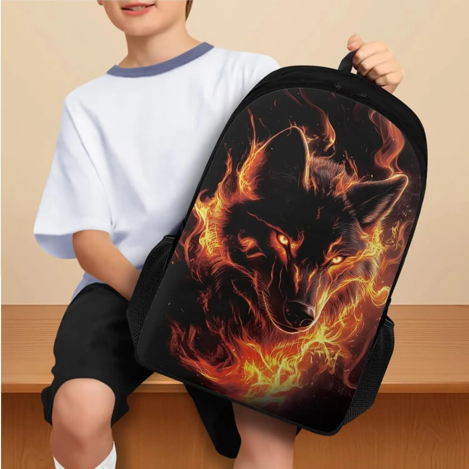Wolf Backpack for School Boys Kids Bookbags 4-in-1 Kids School Bag with Lunch Bag for Boys Elementary School Backpacks Water Bottle Pocket Pencil Purse 17" Daypack for Cycling