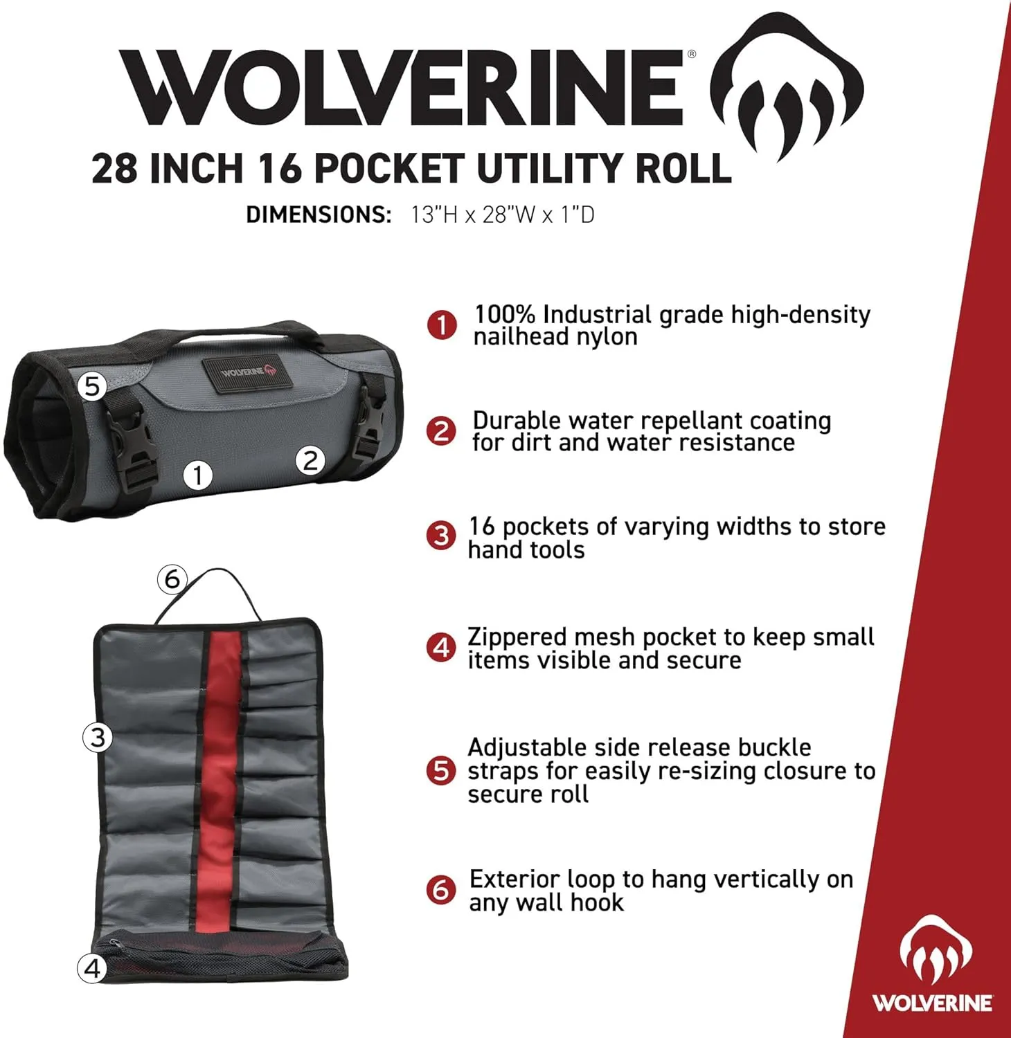 Wolverine Tool Bag |Tote | Utility Roll | Durable Nailhead Nylon, Adjustable Straps, and Versatile Pockets