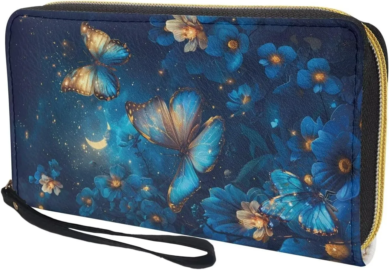 Women Cute Blue Butterfly Wallet RFID Blocking PU Leather Multi Credit Card Large Capacity Zip Around Clutch Travel Purse Wristlet