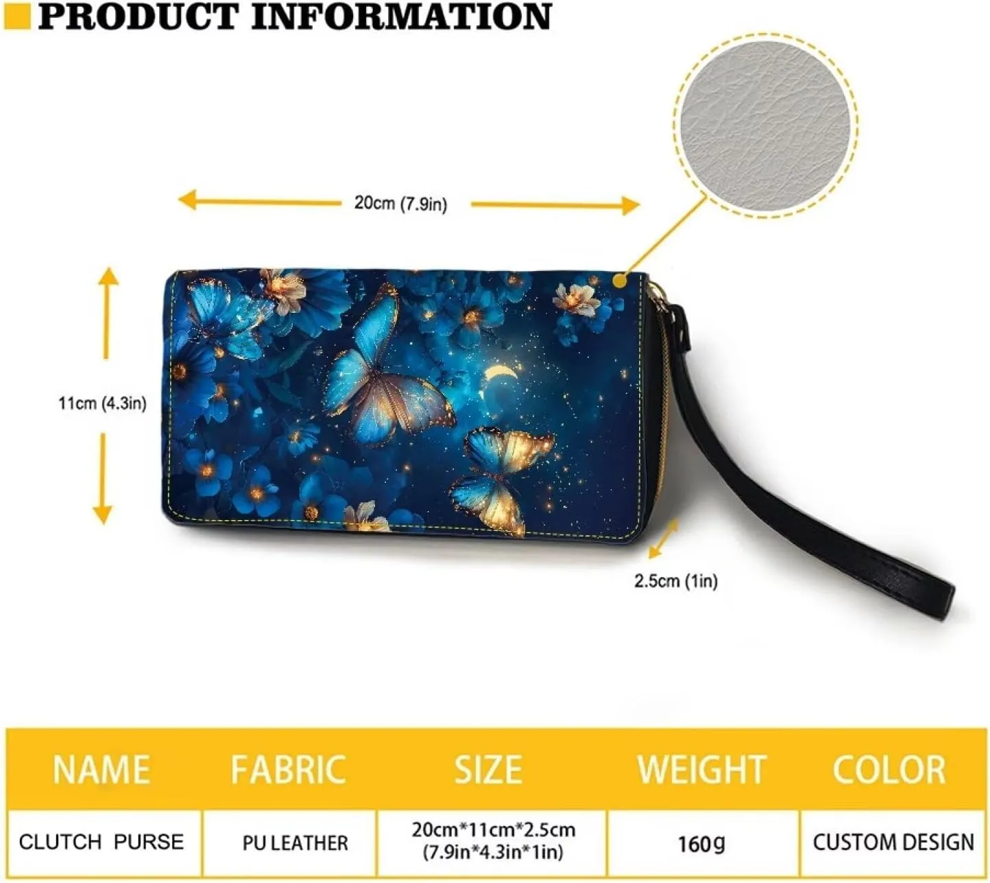 Women Cute Blue Butterfly Wallet RFID Blocking PU Leather Multi Credit Card Large Capacity Zip Around Clutch Travel Purse Wristlet