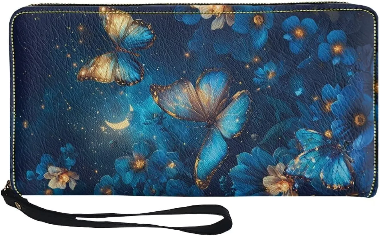 Women Cute Blue Butterfly Wallet RFID Blocking PU Leather Multi Credit Card Large Capacity Zip Around Clutch Travel Purse Wristlet