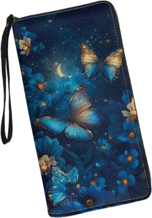 Women Cute Blue Butterfly Wallet RFID Blocking PU Leather Multi Credit Card Large Capacity Zip Around Clutch Travel Purse Wristlet