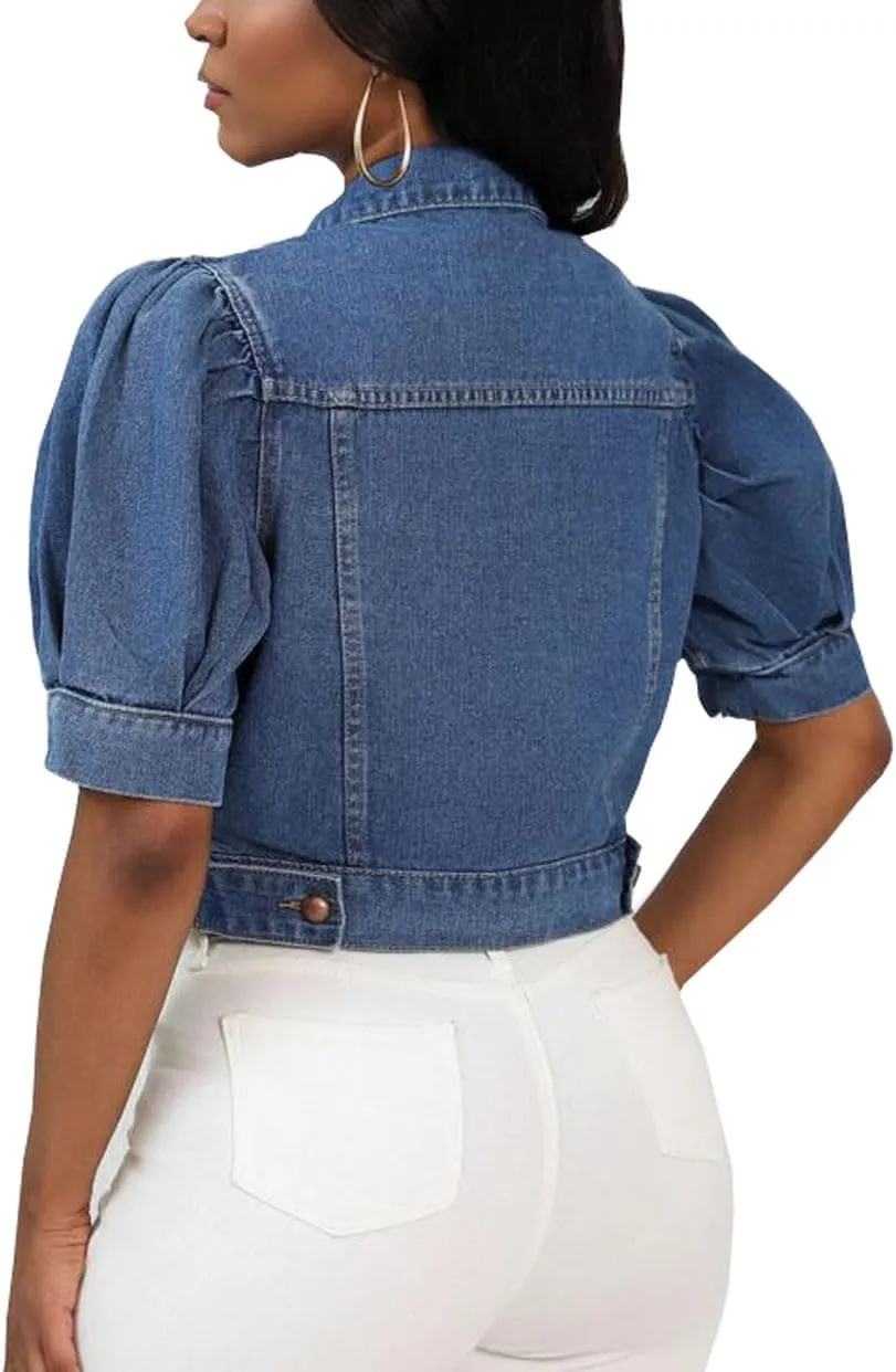 Women Solid Color Puffed Sleeves Cropped Short Denim Jacket Short Sleeve Button Down Jean Outerwear Coat