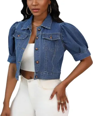 Women Solid Color Puffed Sleeves Cropped Short Denim Jacket Short Sleeve Button Down Jean Outerwear Coat