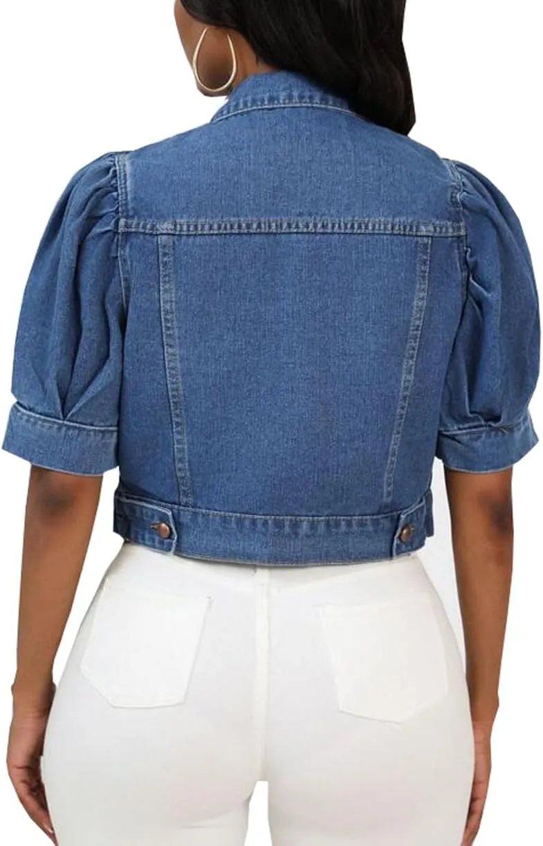 Women Solid Color Puffed Sleeves Cropped Short Denim Jacket Short Sleeve Button Down Jean Outerwear Coat