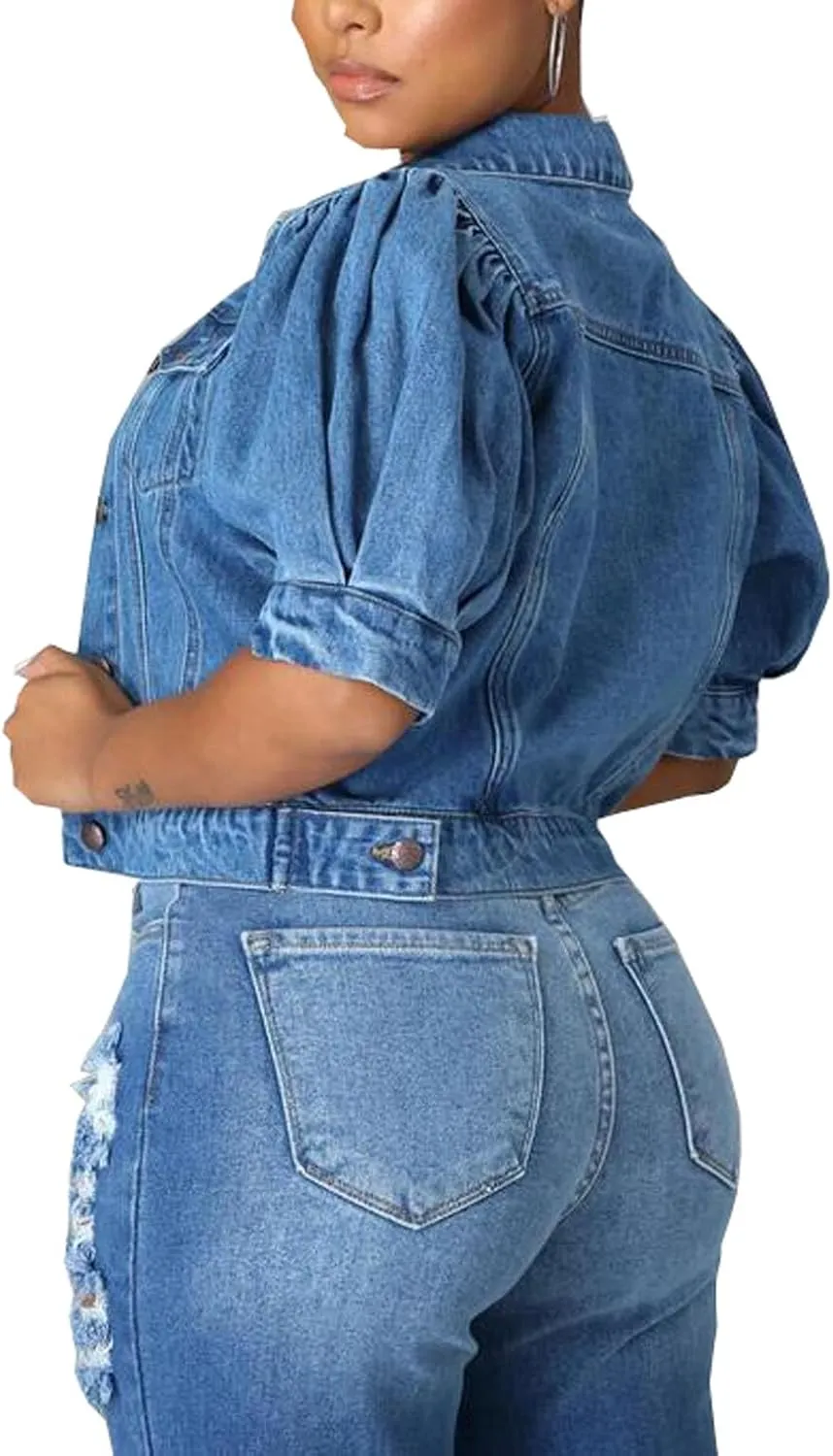 Women Solid Color Puffed Sleeves Cropped Short Denim Jacket Short Sleeve Button Down Jean Outerwear Coat