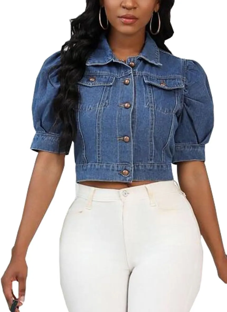 Women Solid Color Puffed Sleeves Cropped Short Denim Jacket Short Sleeve Button Down Jean Outerwear Coat