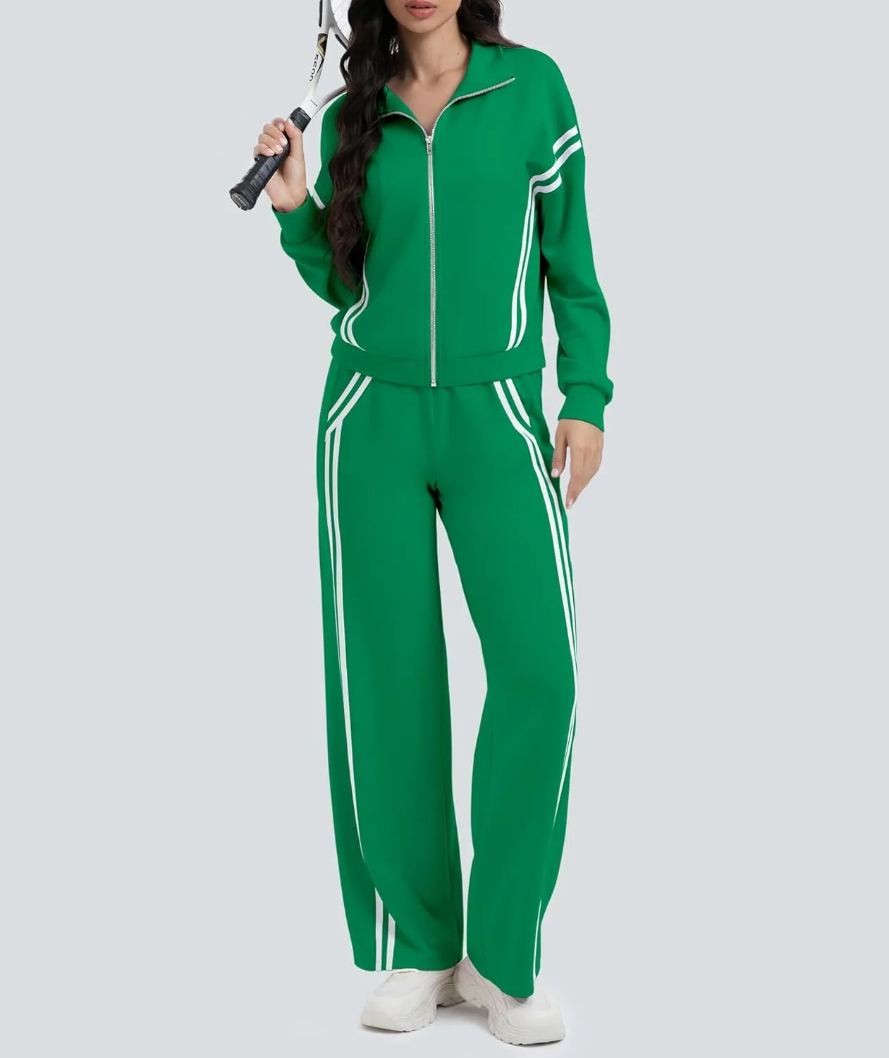 Women's 2 Piece Lounge Outfits Zip Up Sweat Set Contrast Striped Wide Leg Jogging Pants Travel Track Suit