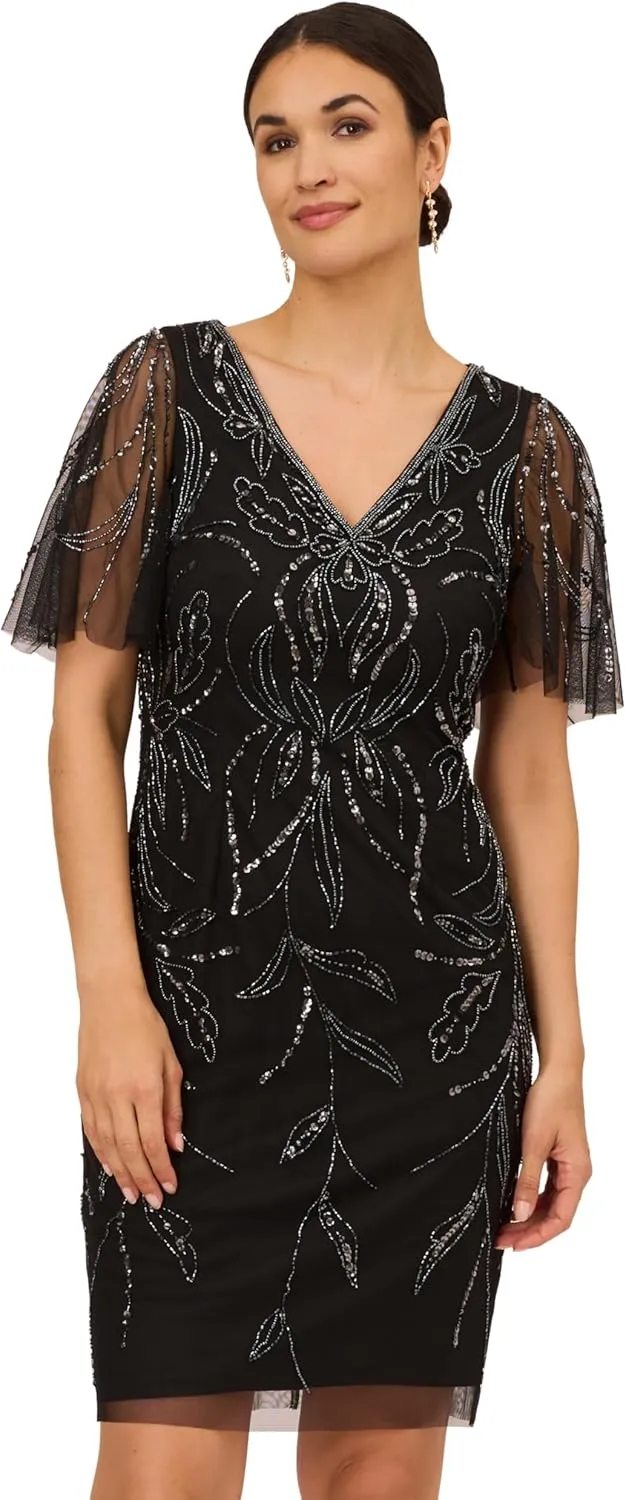 Women's Beaded V Neck Short Dress