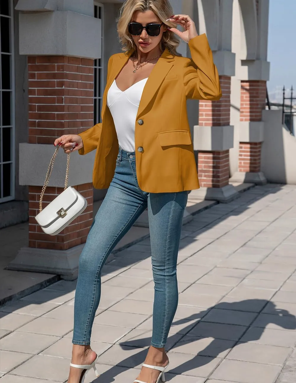 Women's Blazers Business Casual Padded Shoulder Blazer - Long Sleeve Slim Fit Work Office Suit Jackets with Pockets