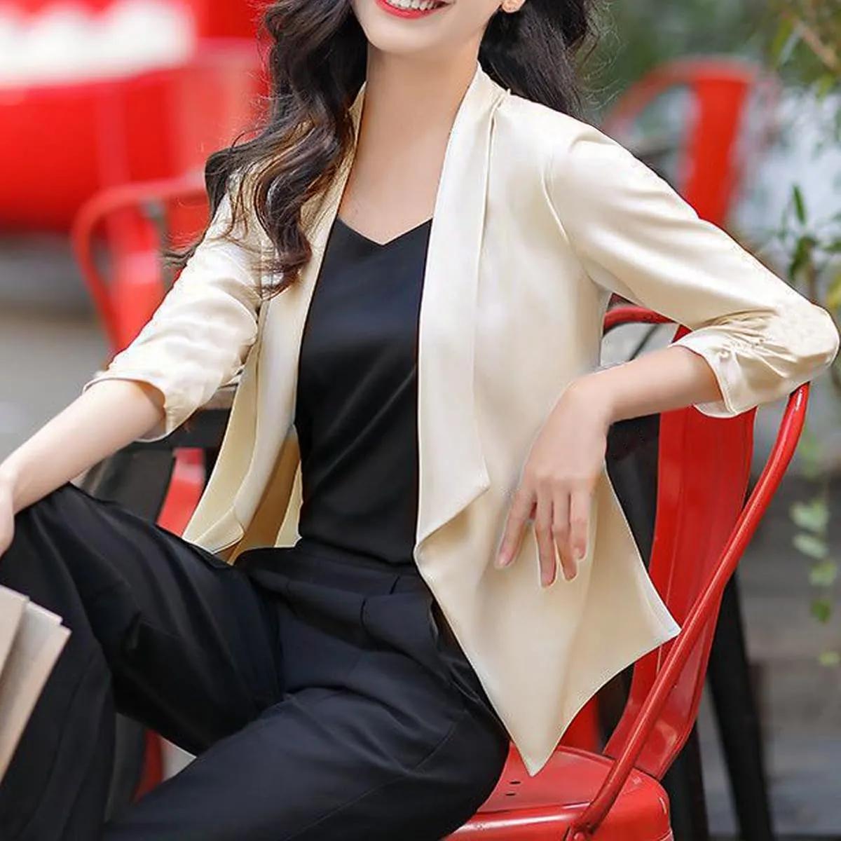 Womens Casual Blazer Lightweight 3/4 Sleeves Short Open Front Office Jacket