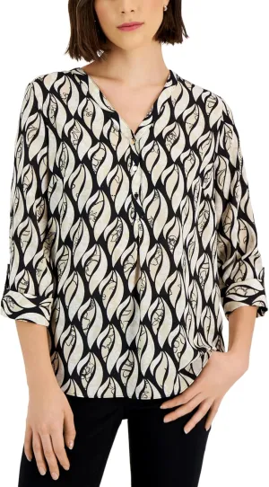 Womens Flicker Print Y Neck Top Deep Black Combo M