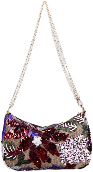 Women's Floral Embroidery Purse Sequin Beaded Shoulder Bag Summer Beach Party Purses Sparkly Evening Crossbody Bags