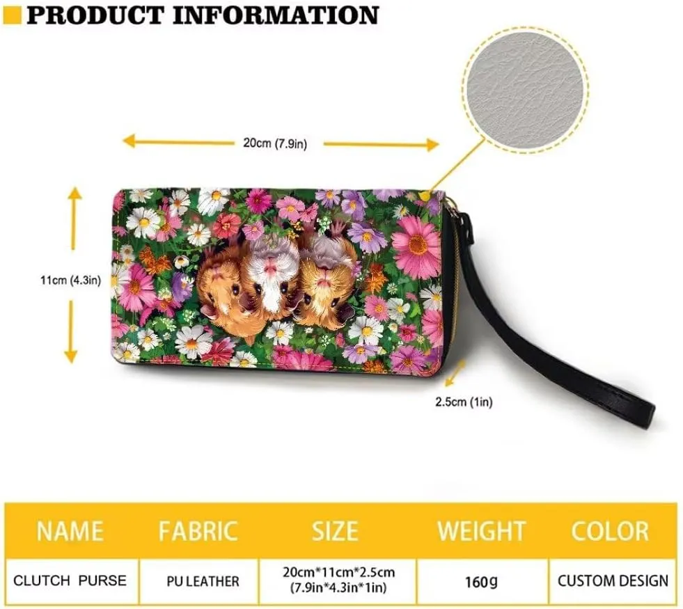 Womens Flower Guinea Pig Wallet PU Leather Zip Around Wallet Clutch Wristlet Travel Long Purse for Women