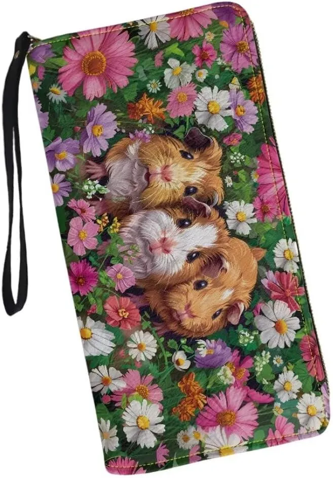 Womens Flower Guinea Pig Wallet PU Leather Zip Around Wallet Clutch Wristlet Travel Long Purse for Women