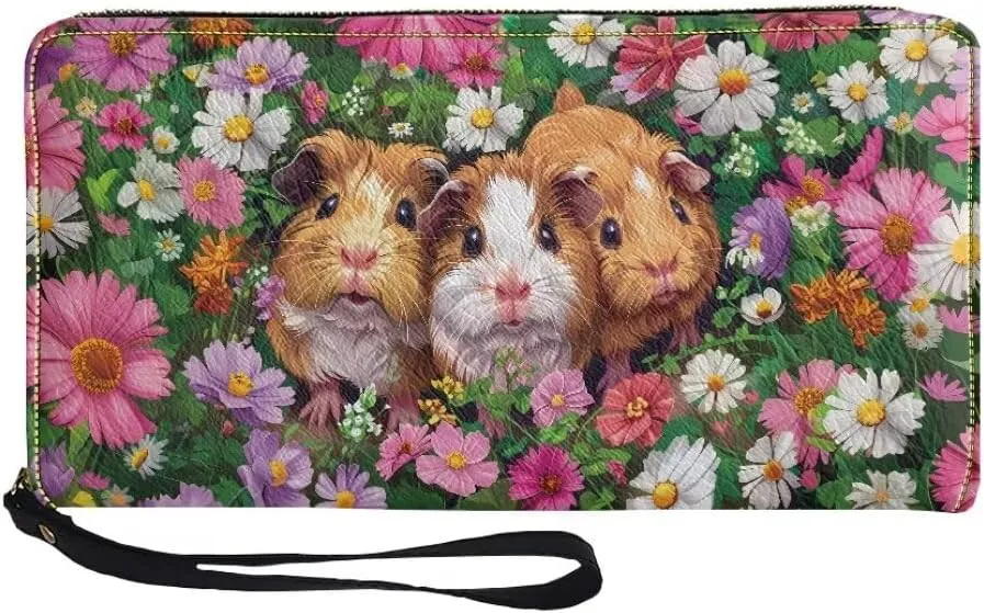 Womens Flower Guinea Pig Wallet PU Leather Zip Around Wallet Clutch Wristlet Travel Long Purse for Women