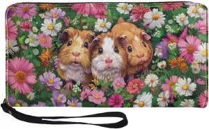 Womens Flower Guinea Pig Wallet PU Leather Zip Around Wallet Clutch Wristlet Travel Long Purse for Women